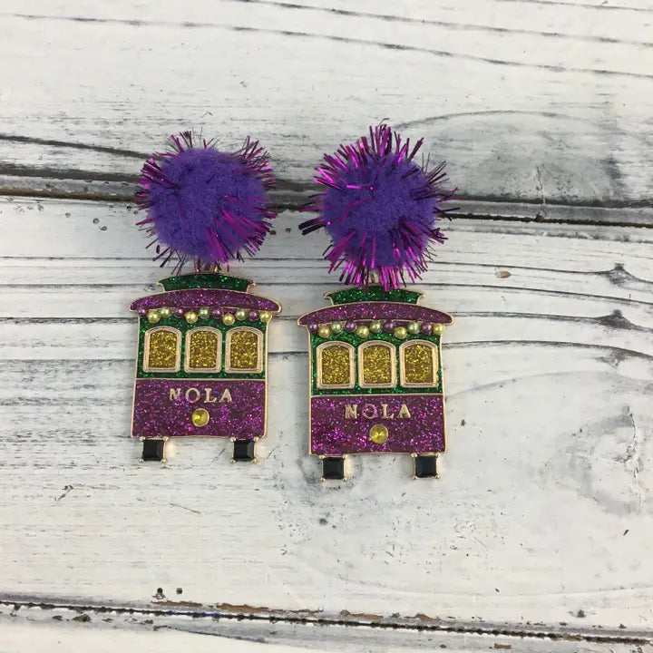 Mardi Gras Glitter Streetcar Pom Earrings