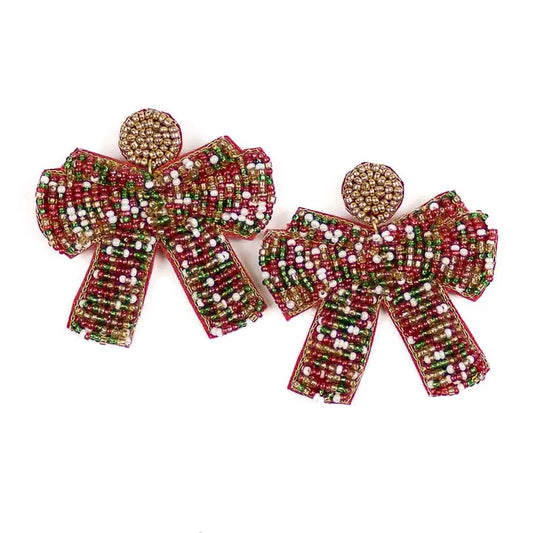 Christmas Bow Beaded Earrings Red/Green/White