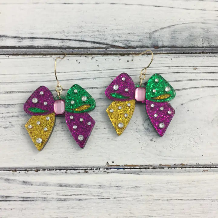 Mardi Gras Marble Bow Dangle Earrings