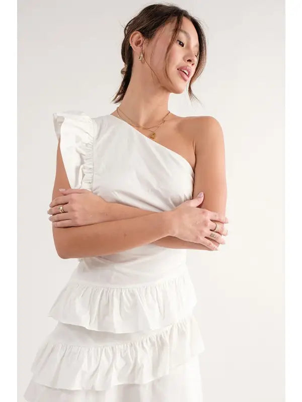 White One Shoulder Ruffle Mini