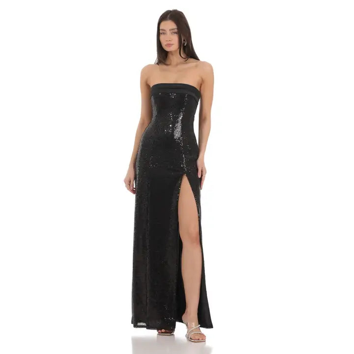 Sequin Satin Back Tie Maxi Dress in Black
