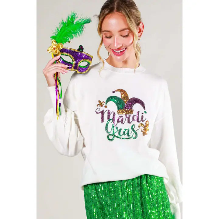 Mardi Gras. Crew Neck Long Slvs Sweater