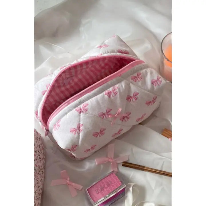 Bow Knot Quilted Zipper Makeup Bag