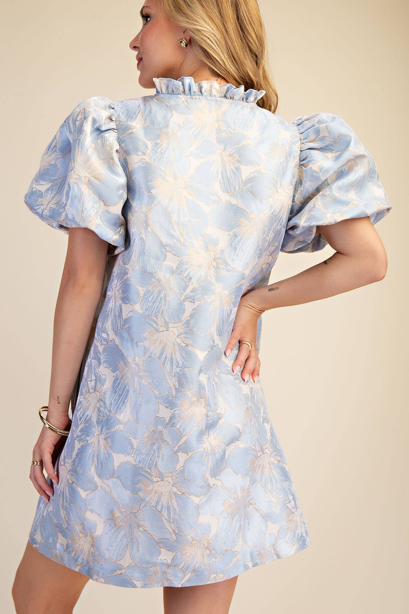 Ruffle V-Neck Puff Sleeve Mini Dress Sage