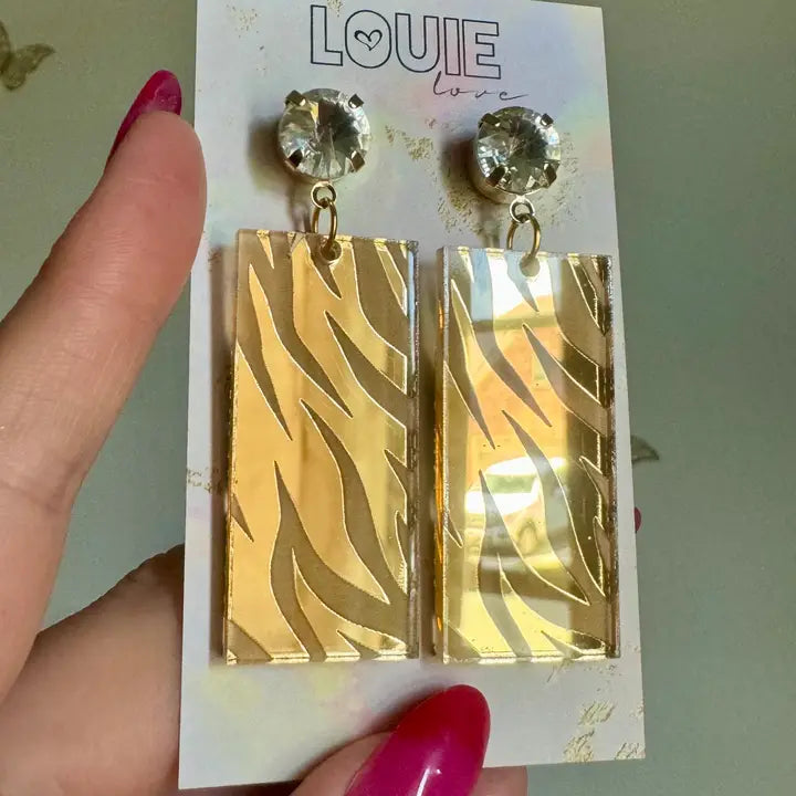 Gold Acrylic Tiger Face Rectangle Football Gameday Earrings