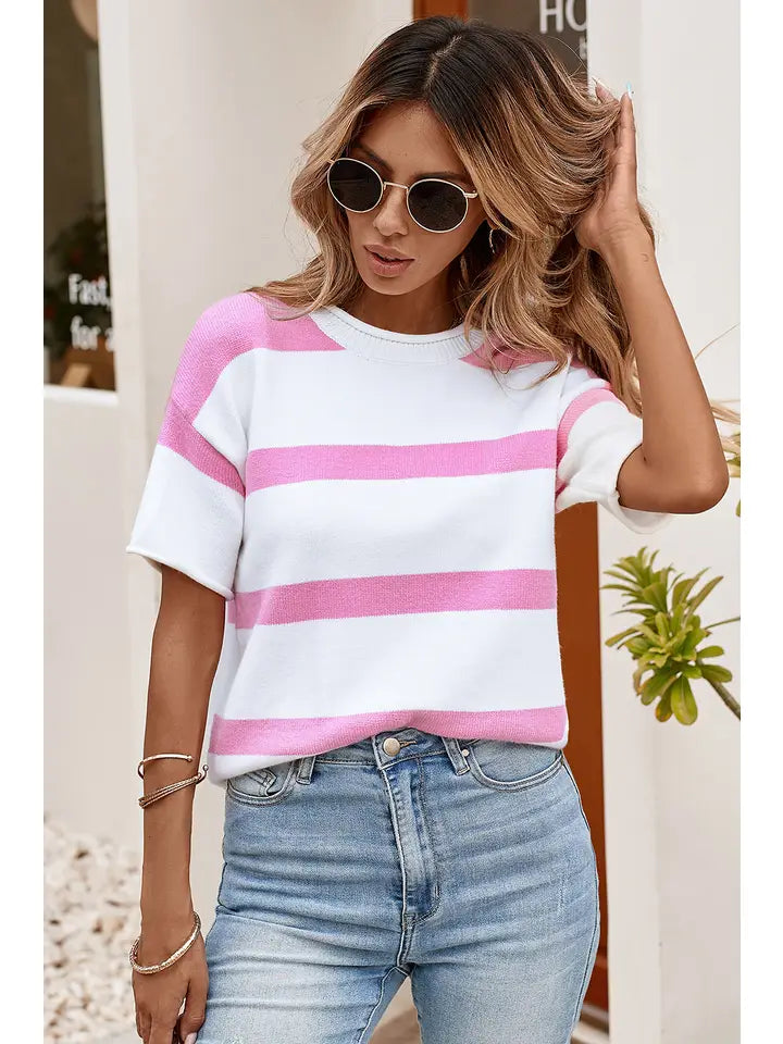 Striped Sleeve Lightweight Knitted Blouse