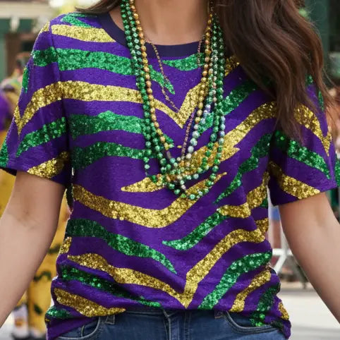 Mardi Gras Sequin Tiger Stripe  T-Shirt