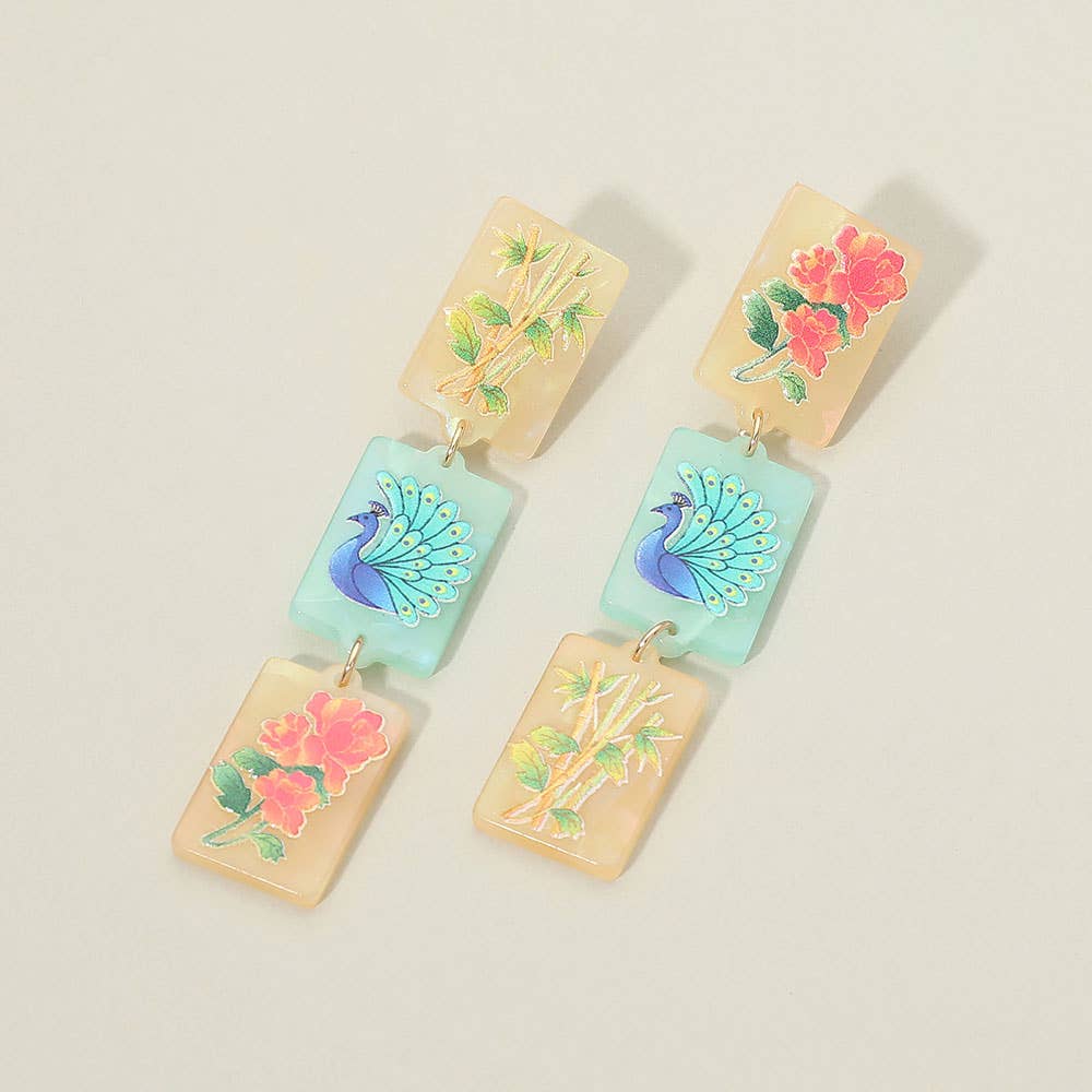 Triple Mahjong Tile Link Drop Earrings