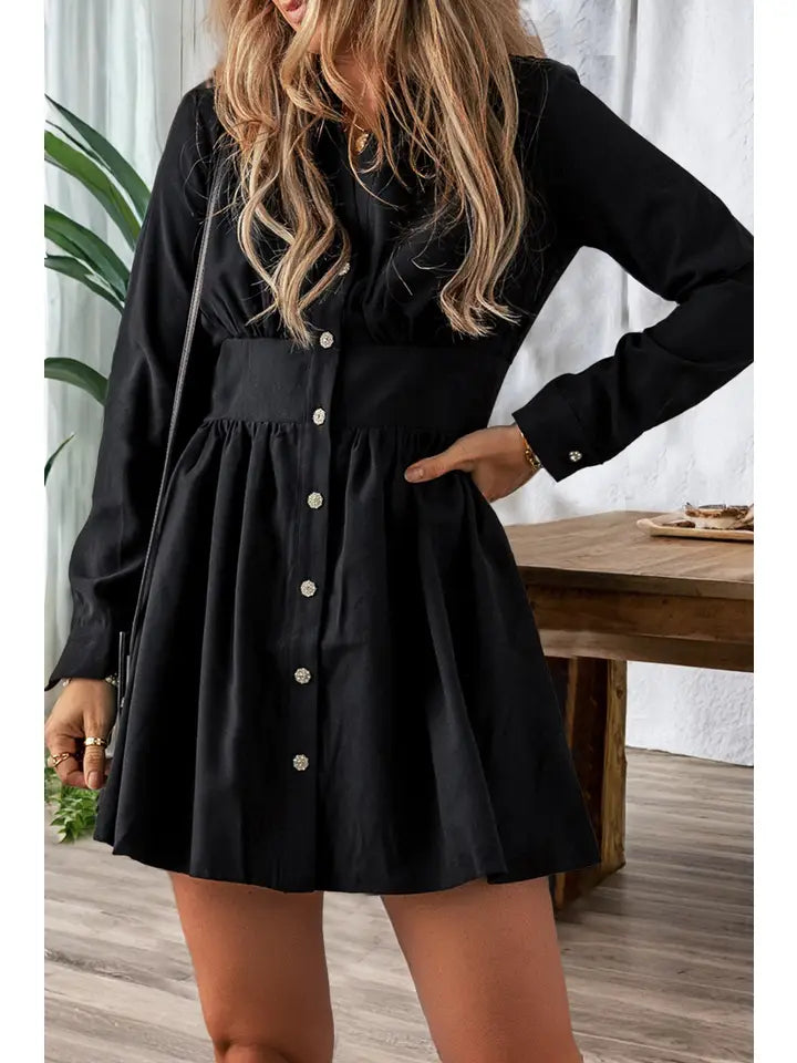 High Waist Long Sleeve Shirt Mini Dress