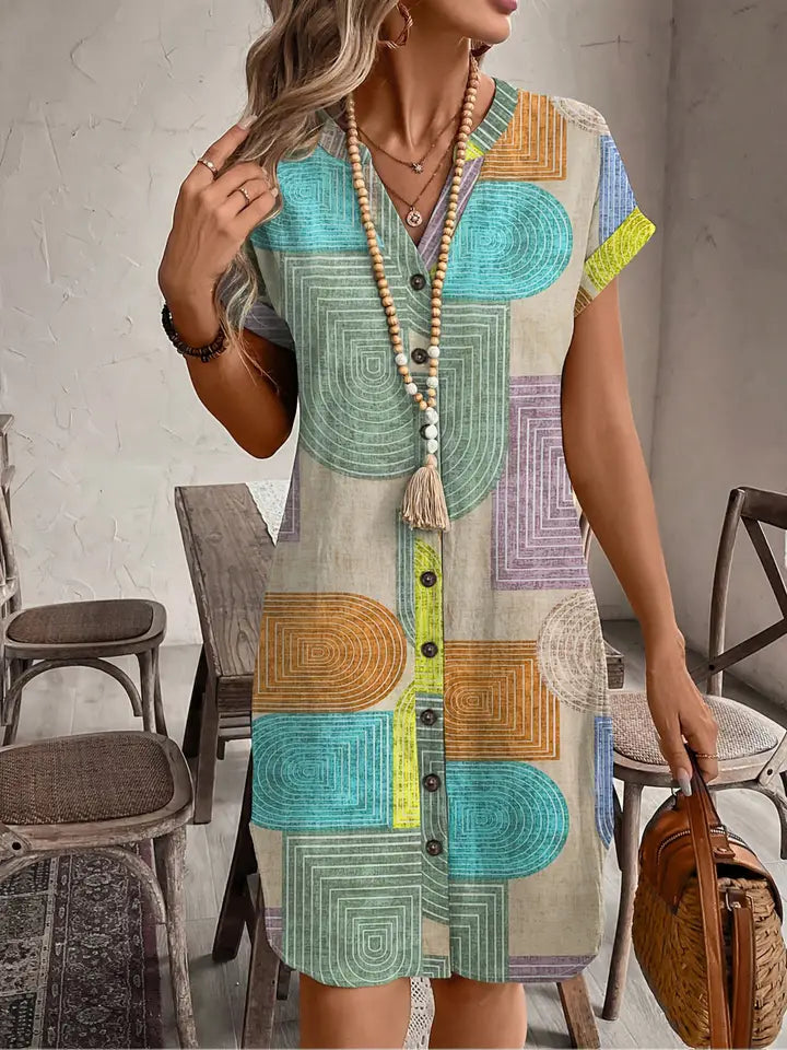 Printed V-Neck Button Up Dress