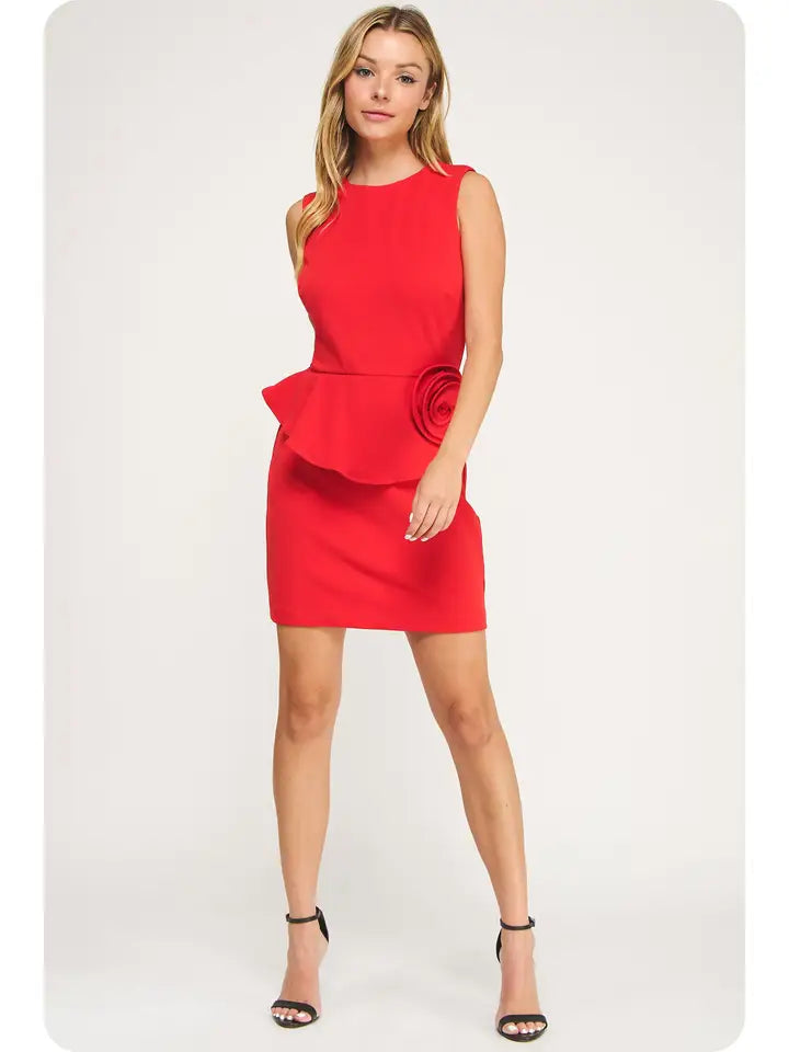Rosette Stretch Peplum Mini Dress