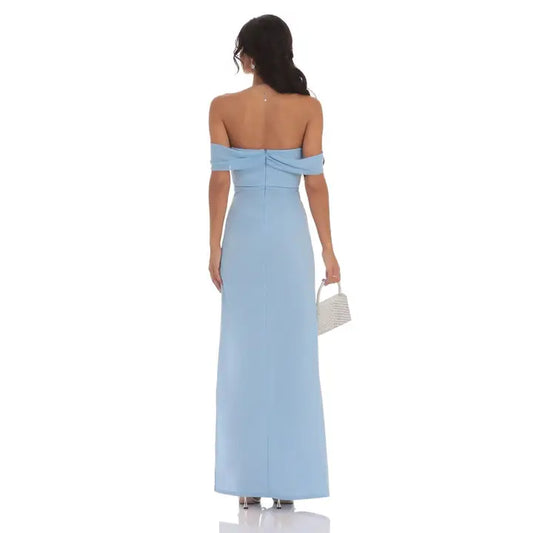 Mesh Draped Corset Maxi Dress in Light Blue
