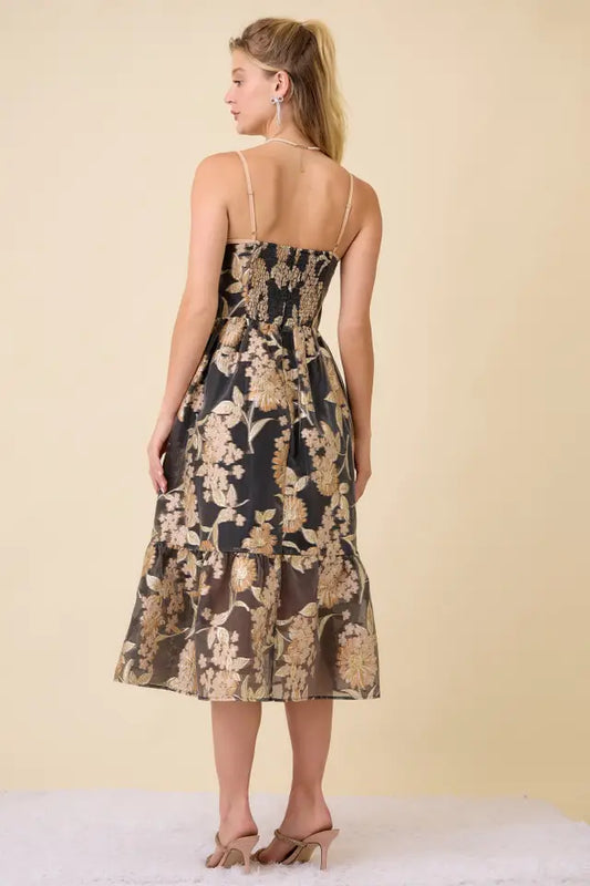Metallic Embossed Floral Midi Dress