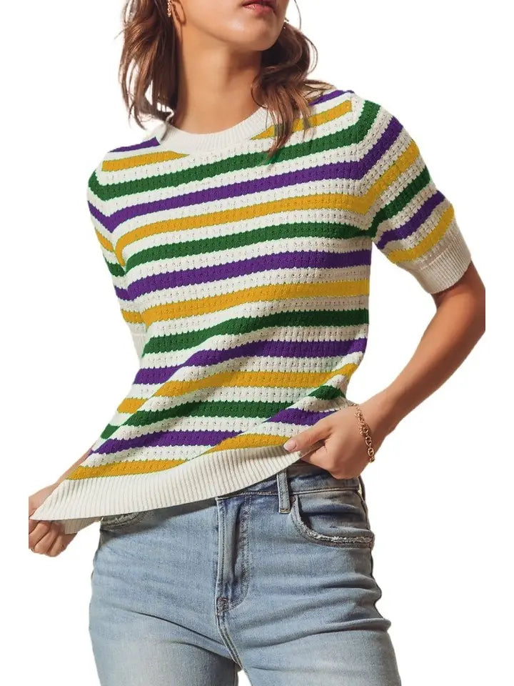 Mardi Gras Crew Neck Stripe Breathable Sweater Top - The Season Boutique