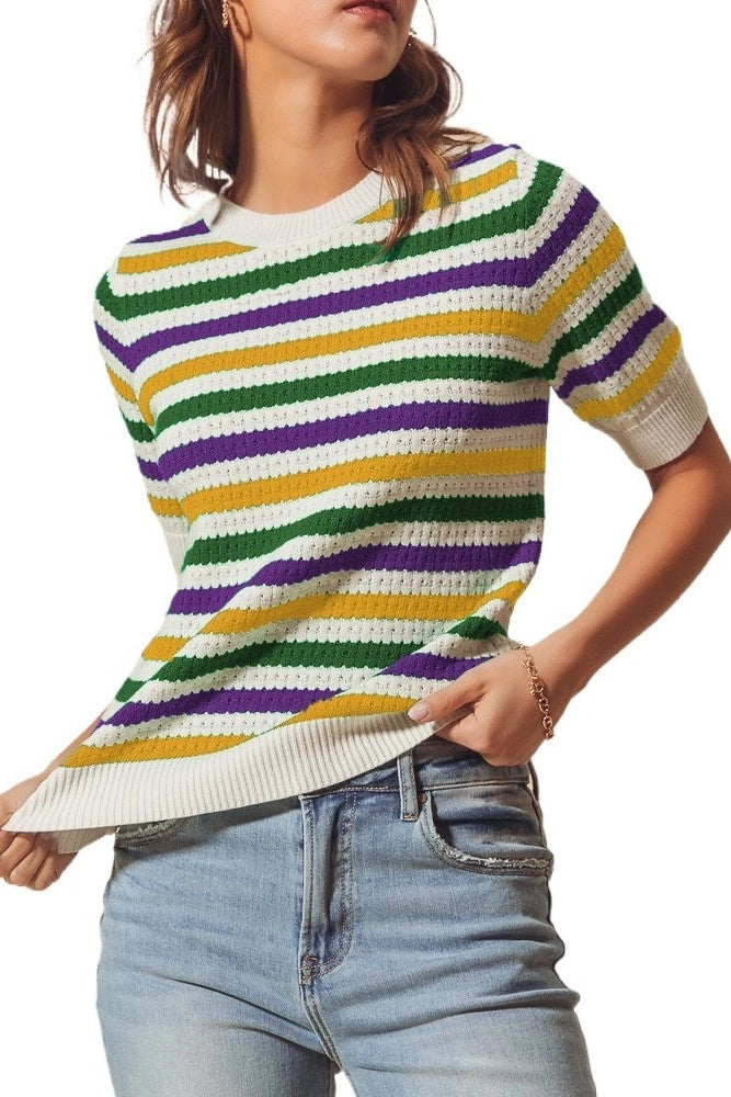 Mardi Gras Crew Neck Stripe Breathable Sweater - The Season Boutique