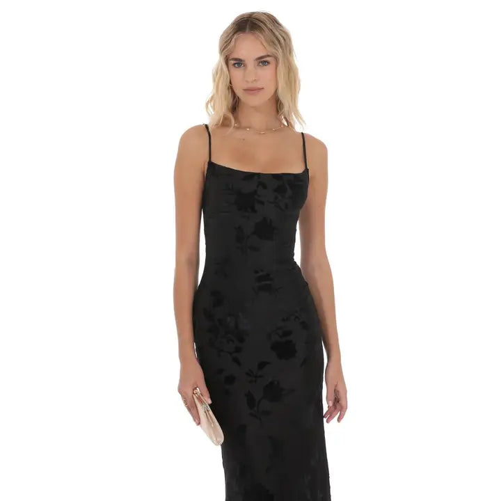 Velvet Floral Cowl Neck Maxi Dress in Black