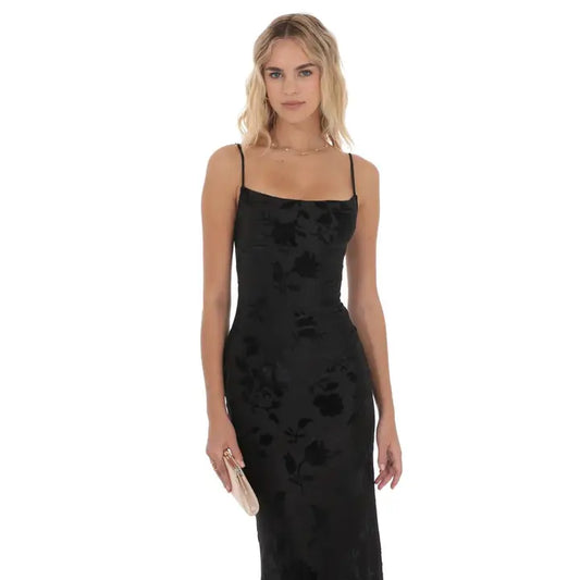 Velvet Floral Cowl Neck Maxi Dress in Black