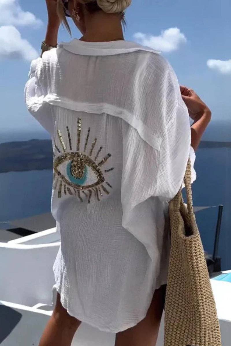 Eye Embellished Casual Blouse: WHITE