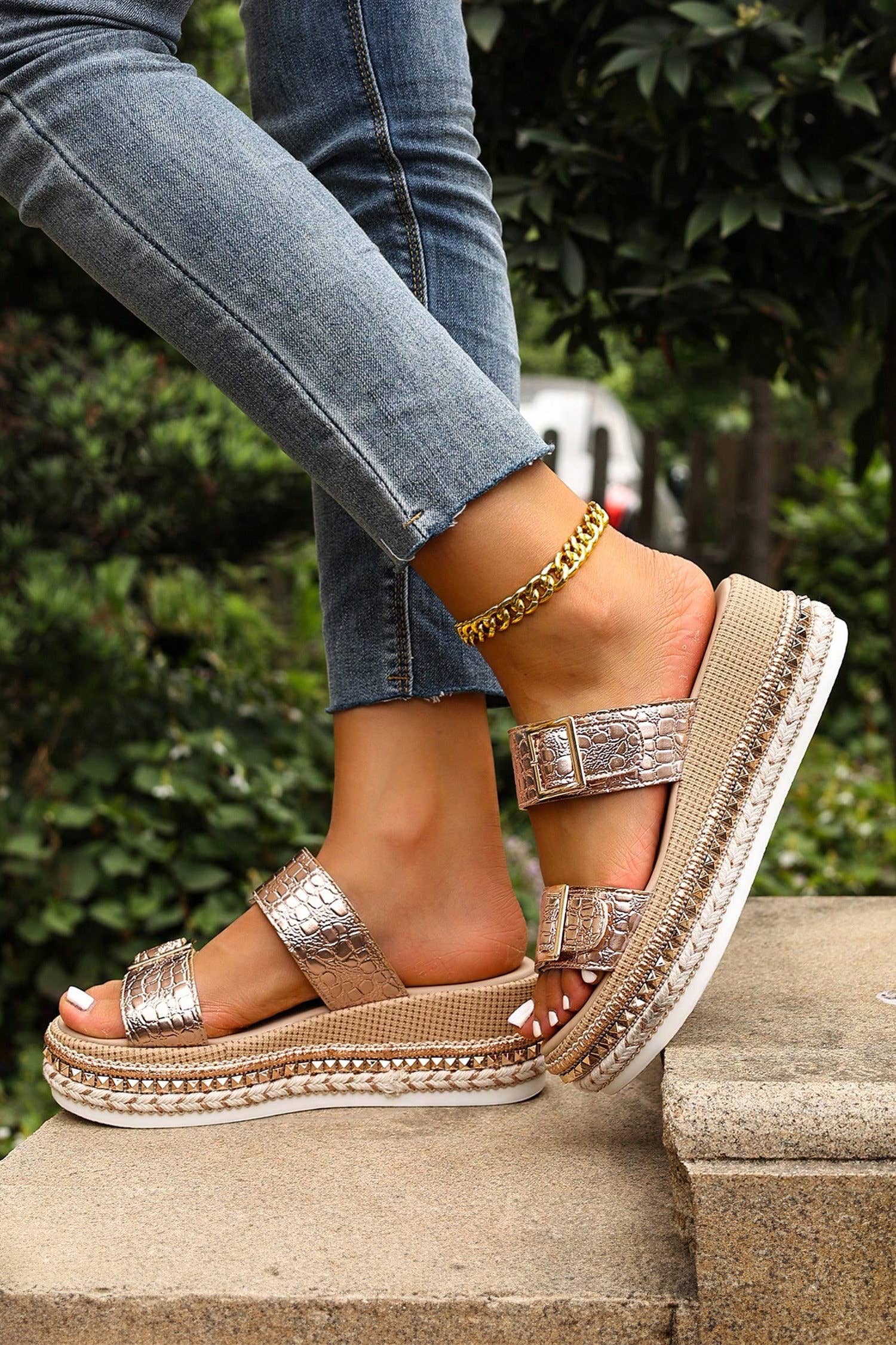 Leather Buckle Wedge Platform Slip GOLD - The Season Boutique