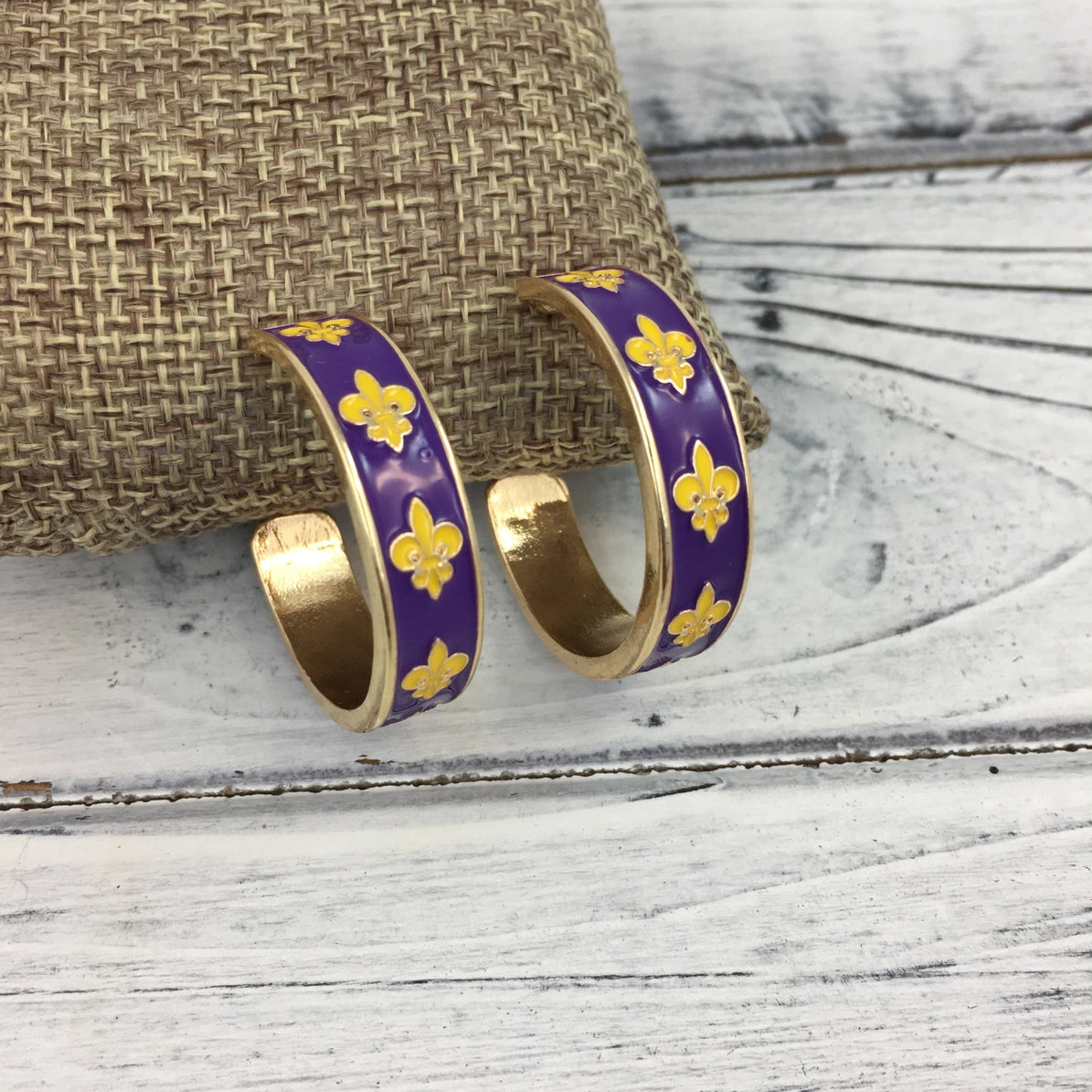 Purple and Gold Fleur De Lis Hoop Earrings