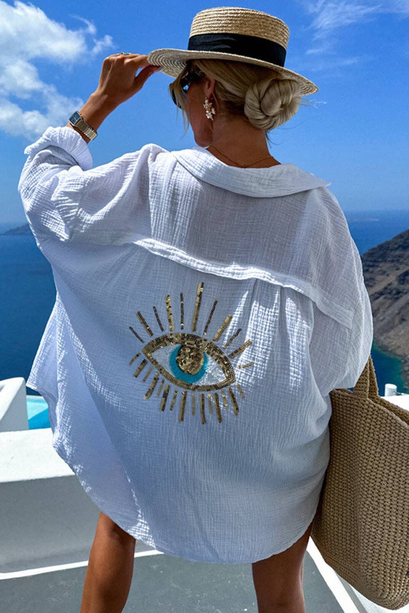 Eye Embellished Casual Blouse: WHITE