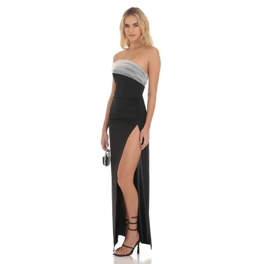 Off Shoulder Tulle Sleeve Maxi Dress in Black