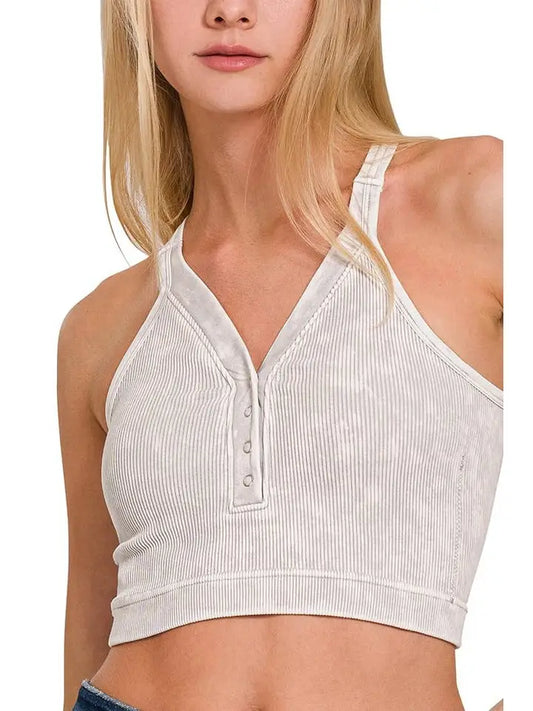 Washed Ribbed Cropped Button Tank