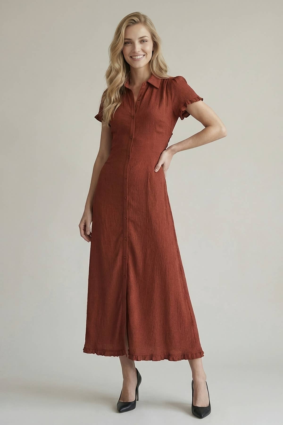 RUFFLE HEM MAXI BUTTON FRONT DRESS