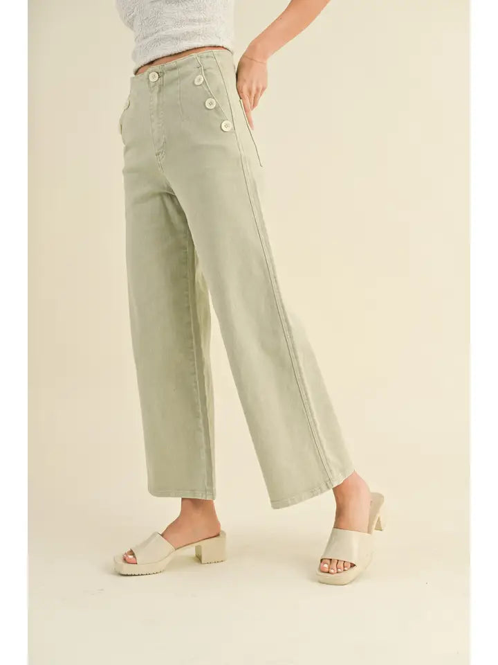 Washed Cotton Button Detailed Pants