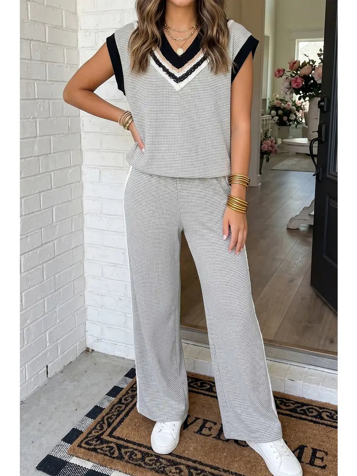 Colorblock Drawstring Wide Leg Pants Set - The Season Boutique