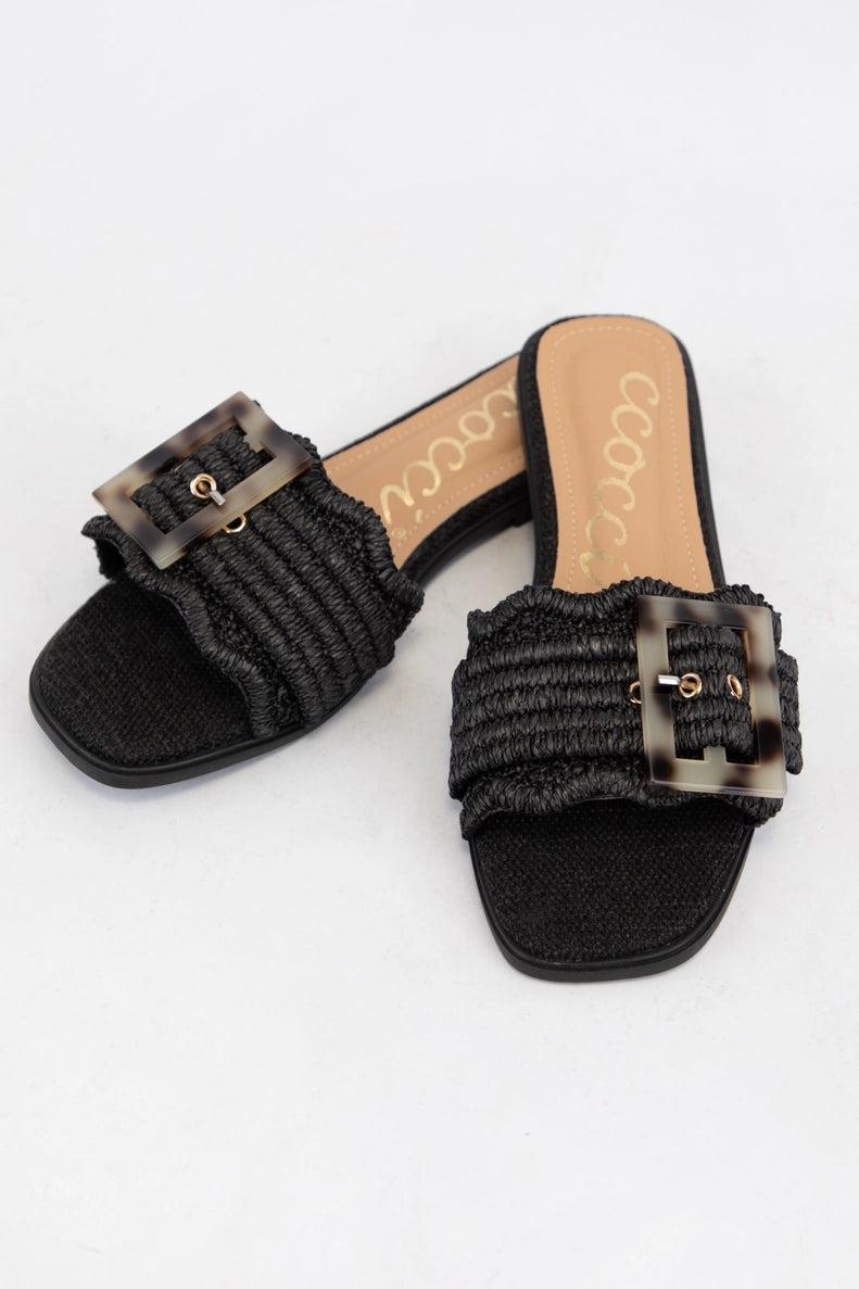 Tortoise Buckle Raffia Sandals
