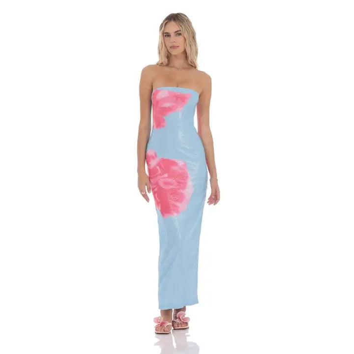 Floral Sequin Strapless Maxi Dress in Blue