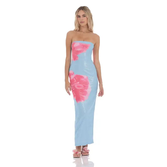 Floral Sequin Strapless Maxi Dress in Blue