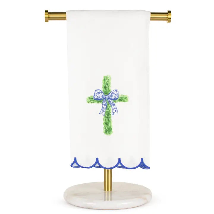 Boxwood Cross Scalloped Hand Towel White/Green 20x28