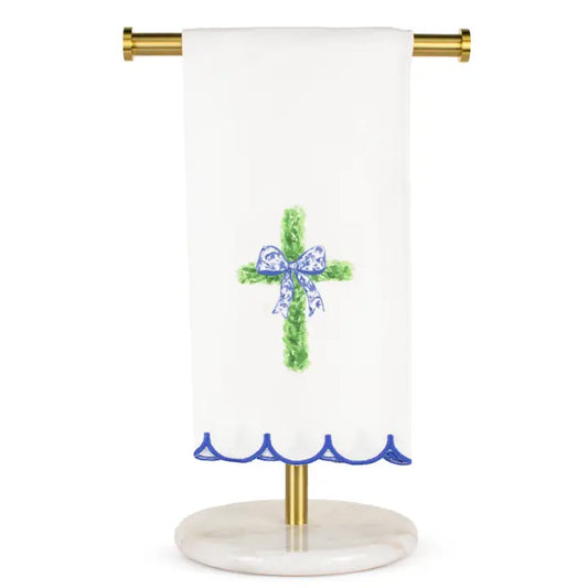Boxwood Cross Scalloped Hand Towel White/Green 20x28