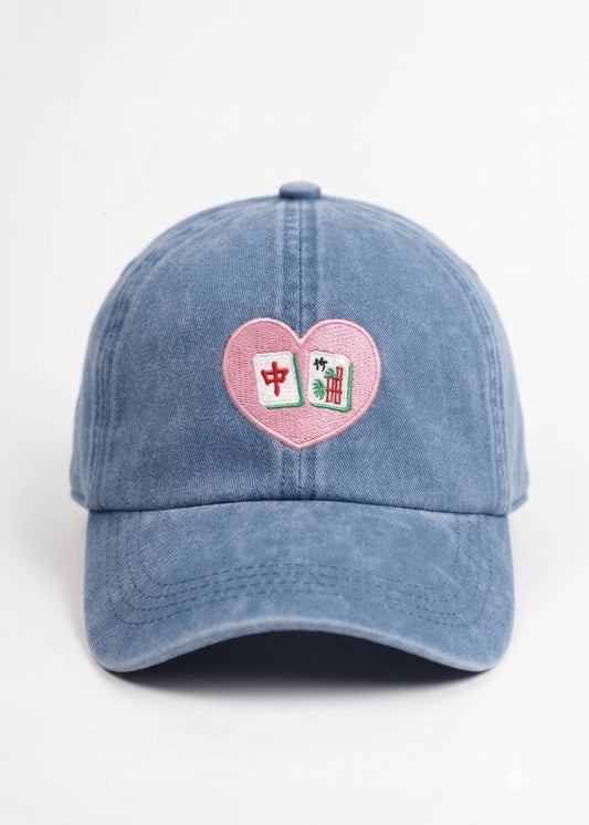 MAHJONG Heart Tiles Embroidered Baseball Cap: Denim Blue