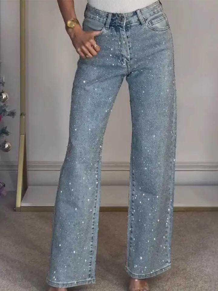 Rhinestone Button Pocket Straight Denim Pants - The Season Boutique