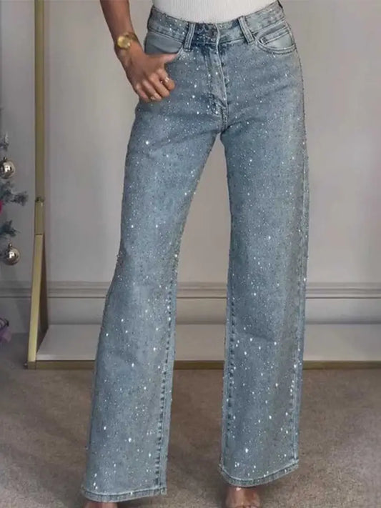 Rhinestone Button Pocket Straight Denim Pants - The Season Boutique
