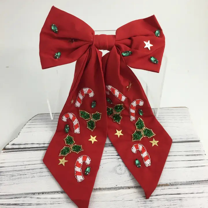 Bead/Stone Candy Cane Hair Bow