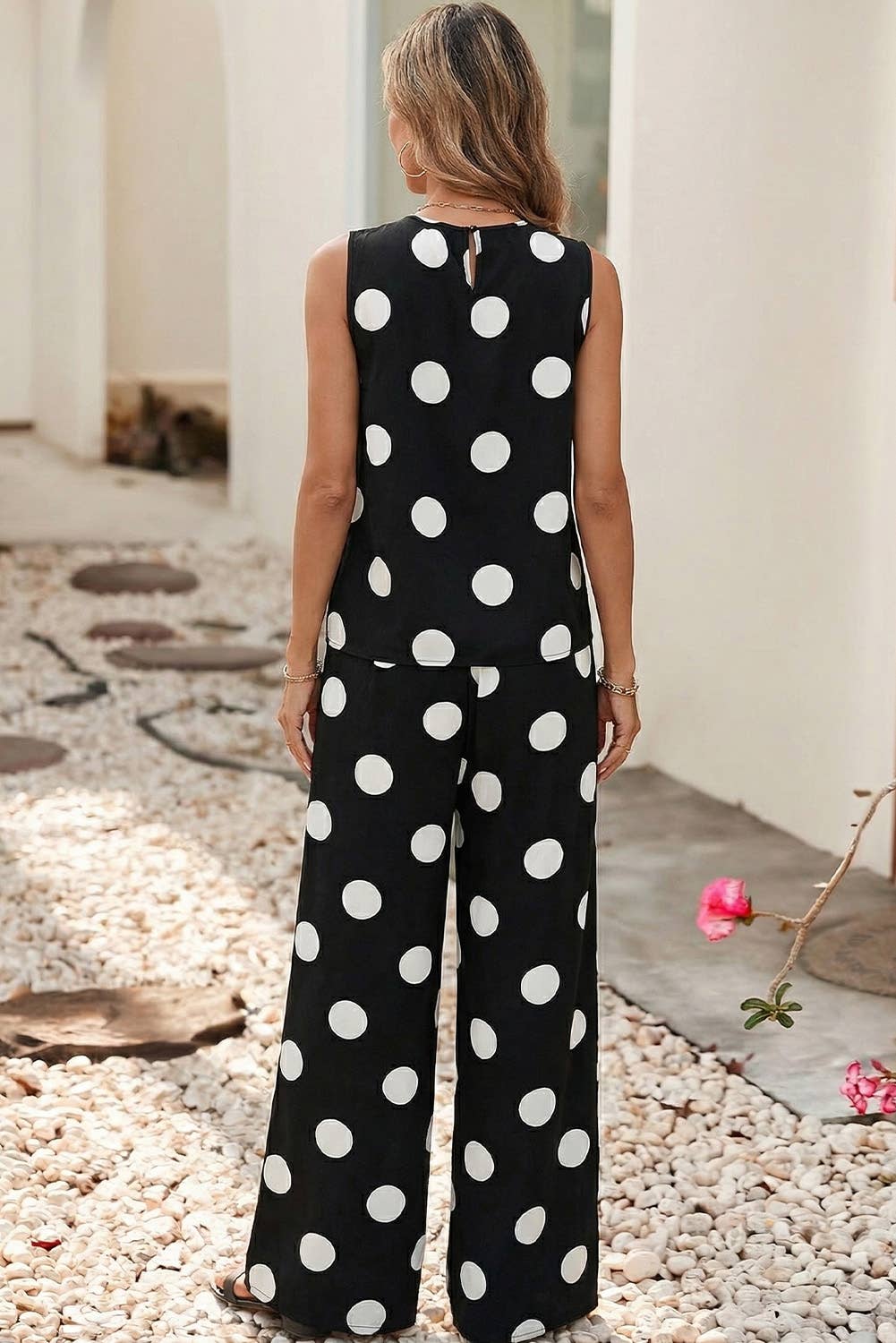 Pleated Polka Dot Tank and Wide Leg Set