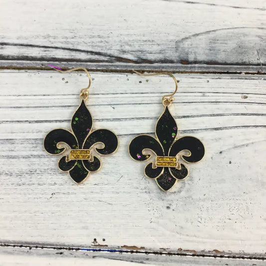 Black and Gold Glitter Fleur De Lis Earrings