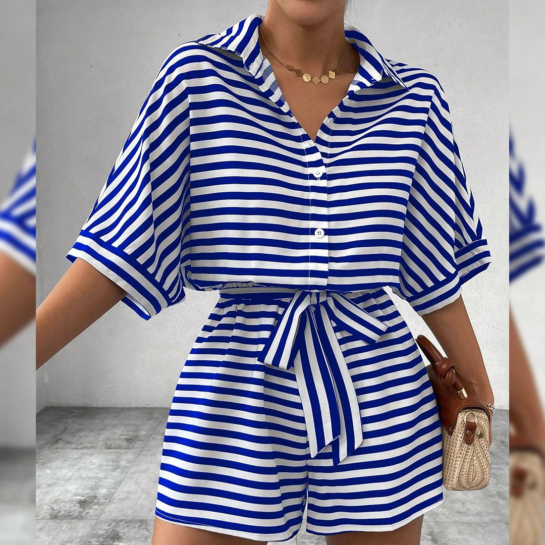 Striped Lapel Button-Up Belted Romper