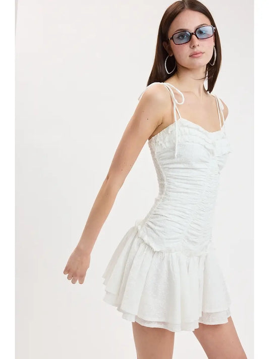 White Eyelet Tie Strap Dress
