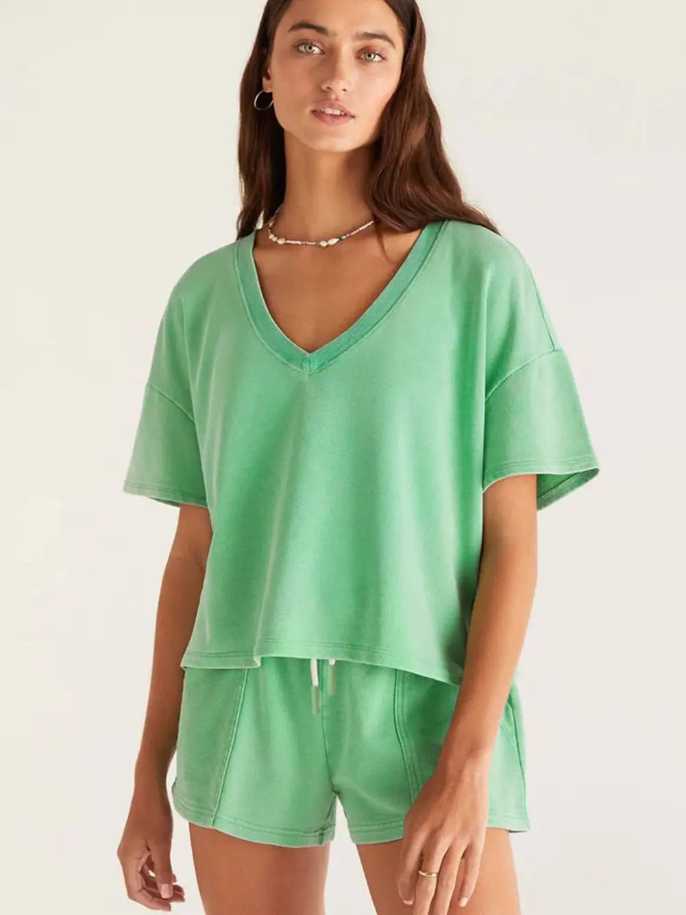 Mint Green V Neck Drop Shoulder Tee and Patchwork Drawstring Shorts Set