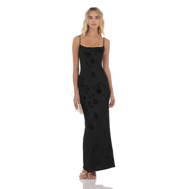 Velvet Floral Cowl Neck Maxi Dress in Black