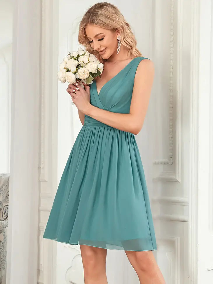 Blue V-Neck Chiffon Cocktail Dress