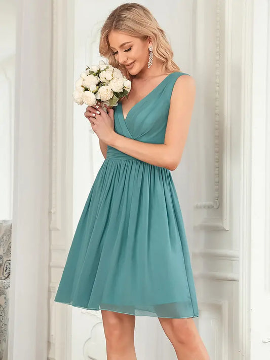 Blue V-Neck Chiffon Cocktail Dress