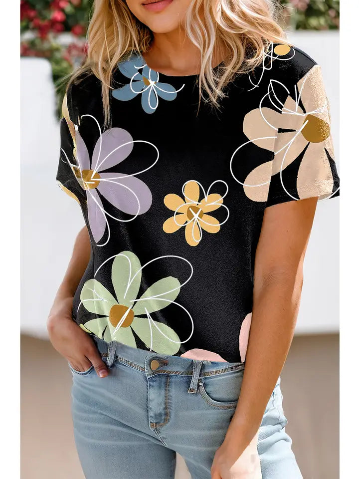 Black Casual Big Flower Top