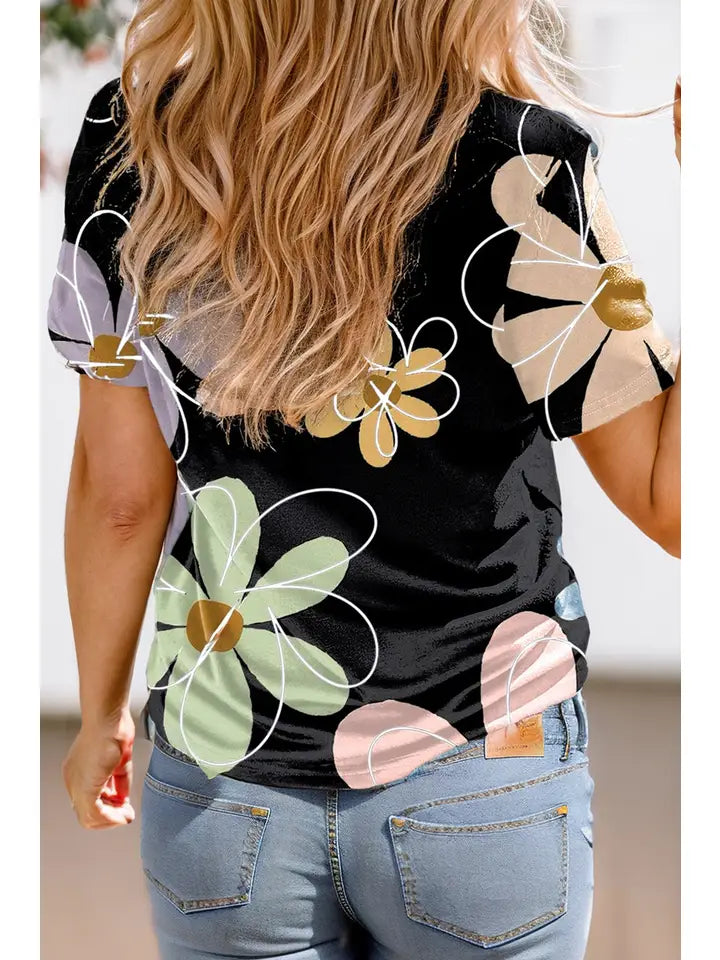 Black Casual Big Flower Top