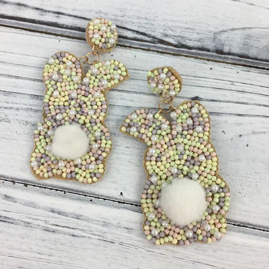 Multicolored Easter Bunny with Tail Beaded Earrings